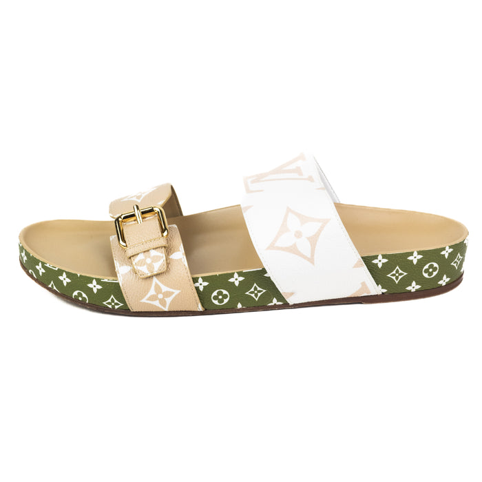 Louis Vuitton Bom Dia Flat Mule in Green Tan and White