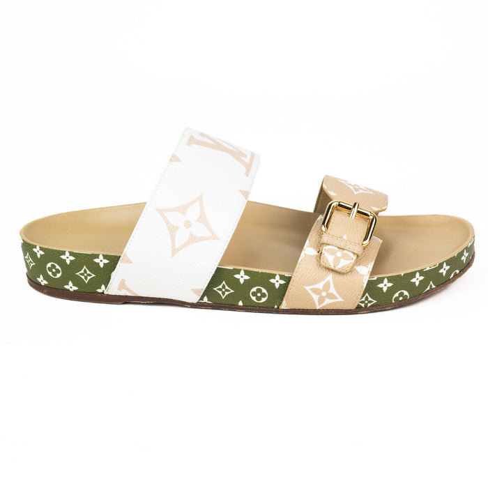 Louis Vuitton Bom Dia Flat Mule in Green Tan and White