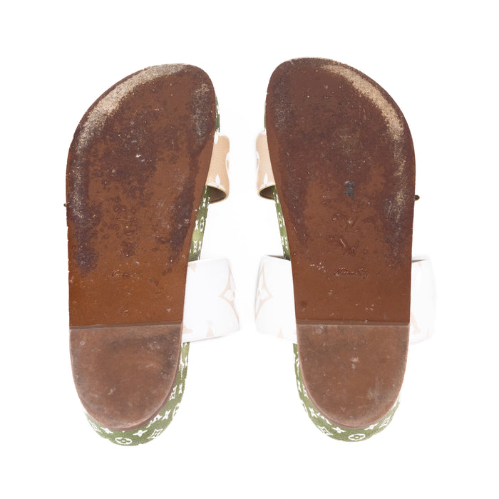 Louis Vuitton Bom Dia Flat Mule in Green Tan and White