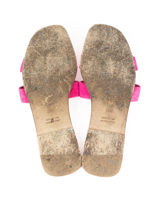 Hermes Leather and Suede Oran Sandals in Fuchsia