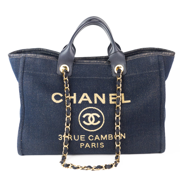 Chanel Large Denim Shopping Tote with Metallic Gold