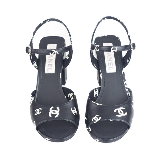 Chanel Printed Lambskin CC Sandals in Black White