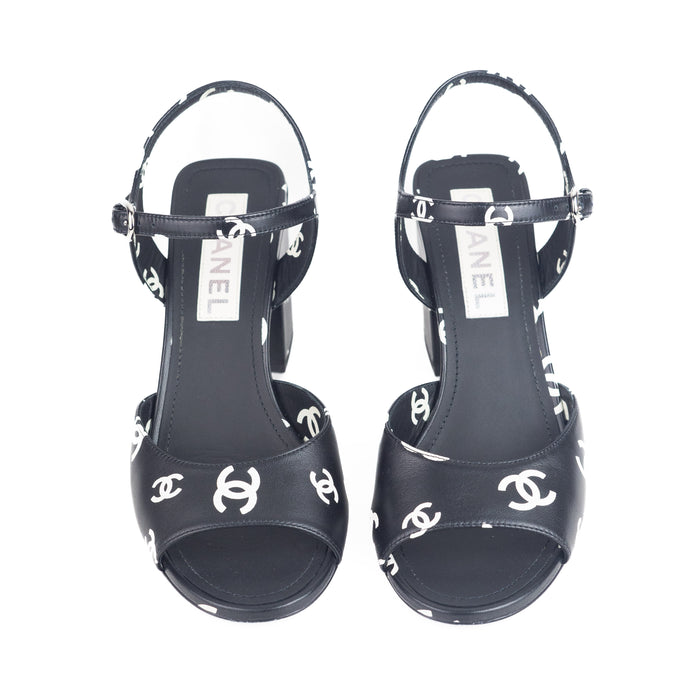 Chanel Printed Lambskin CC Sandals in Black White