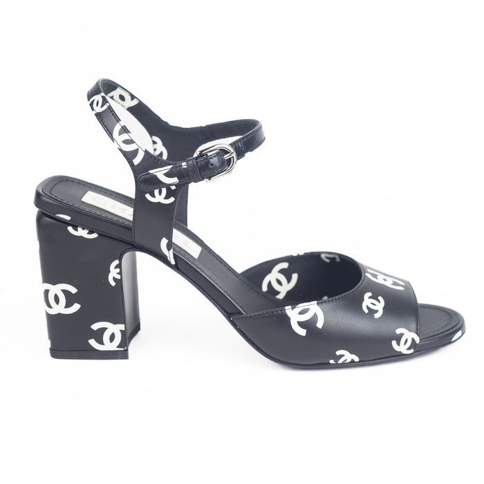Chanel Printed Lambskin CC Sandals in Black White