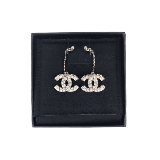 Chanel Silver Metal ans Crystal Strass Dangling CC Earrings