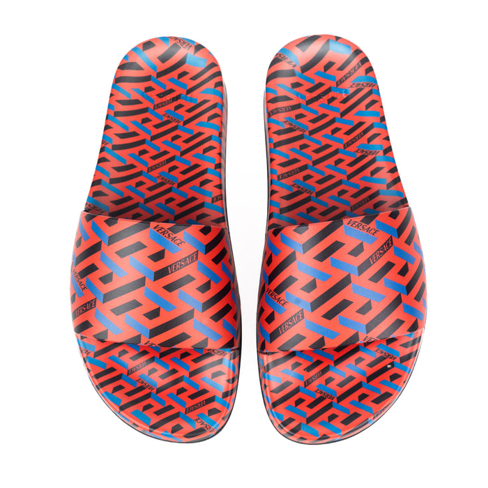 Versace Greca Print Pool Slides in Orange