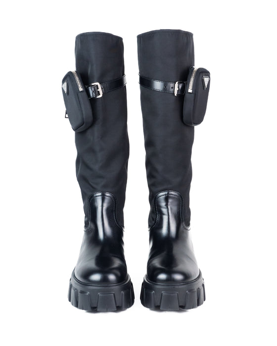 Prada Nylon and Brushed Leather Tall Boots