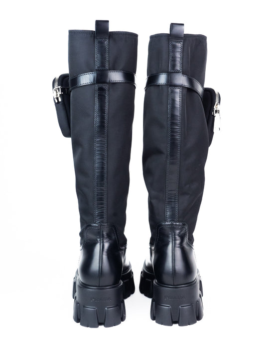 Prada Nylon and Brushed Leather Tall Boots