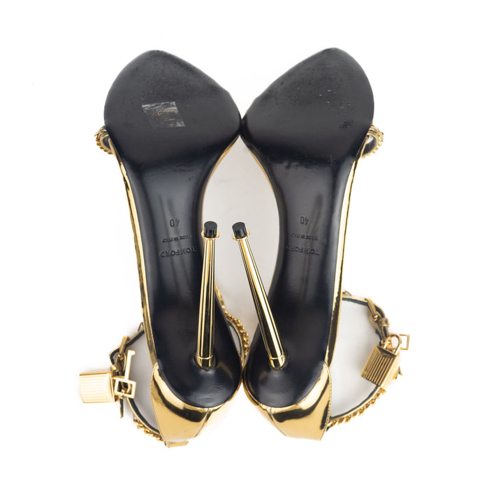 Tom Ford Mirror Leather Padlock Pointy Naked Sandal Gold