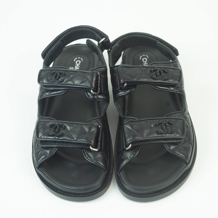 Chanel Leather Quilted Dad Strap Sandals in Black