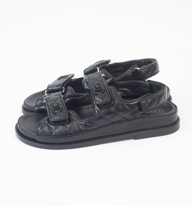 Chanel Leather Quilted Dad Strap Sandals in Black