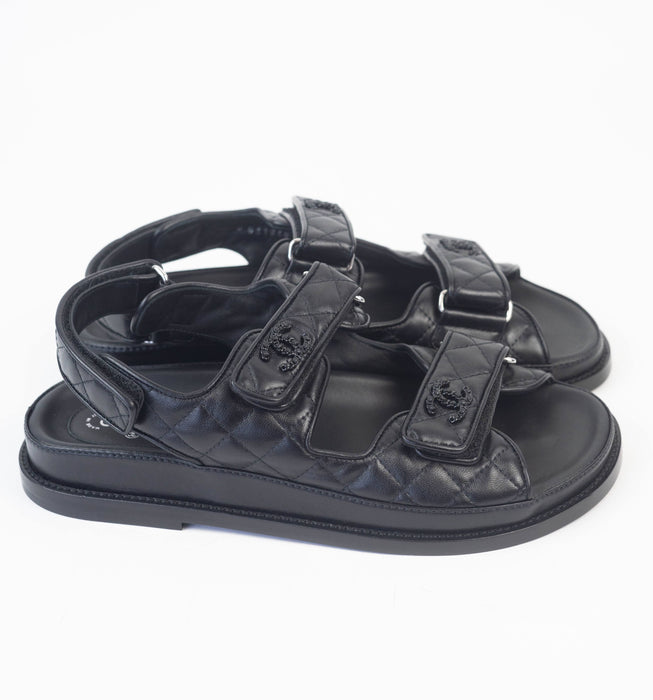 Chanel Leather Quilted Dad Strap Sandals in Black