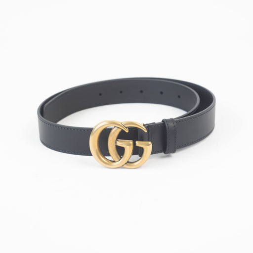 Mens Slim Black Leather Belt with Gold Double G Buckle