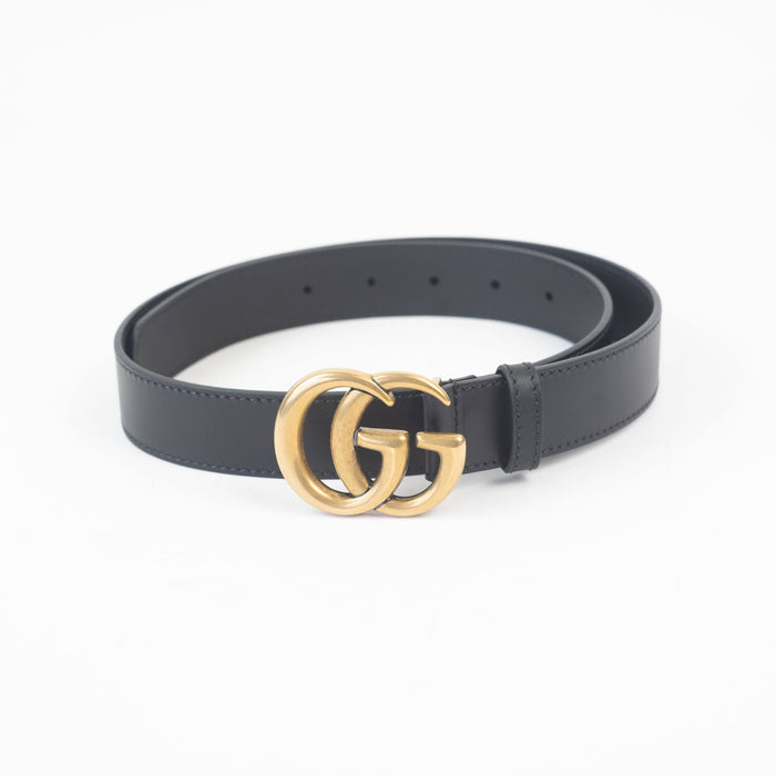 Mens Slim Black Leather Belt with Gold Double G Buckle