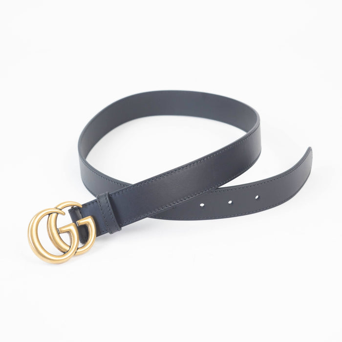 Mens Slim Black Leather Belt with Gold Double G Buckle