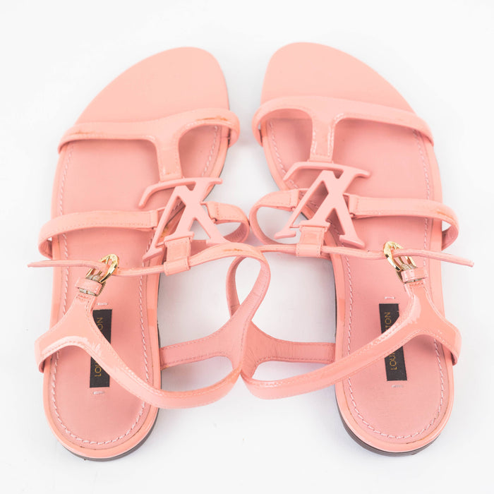 Louis Vuitton Pink Patent Leather Logo Detail Flat Sandals