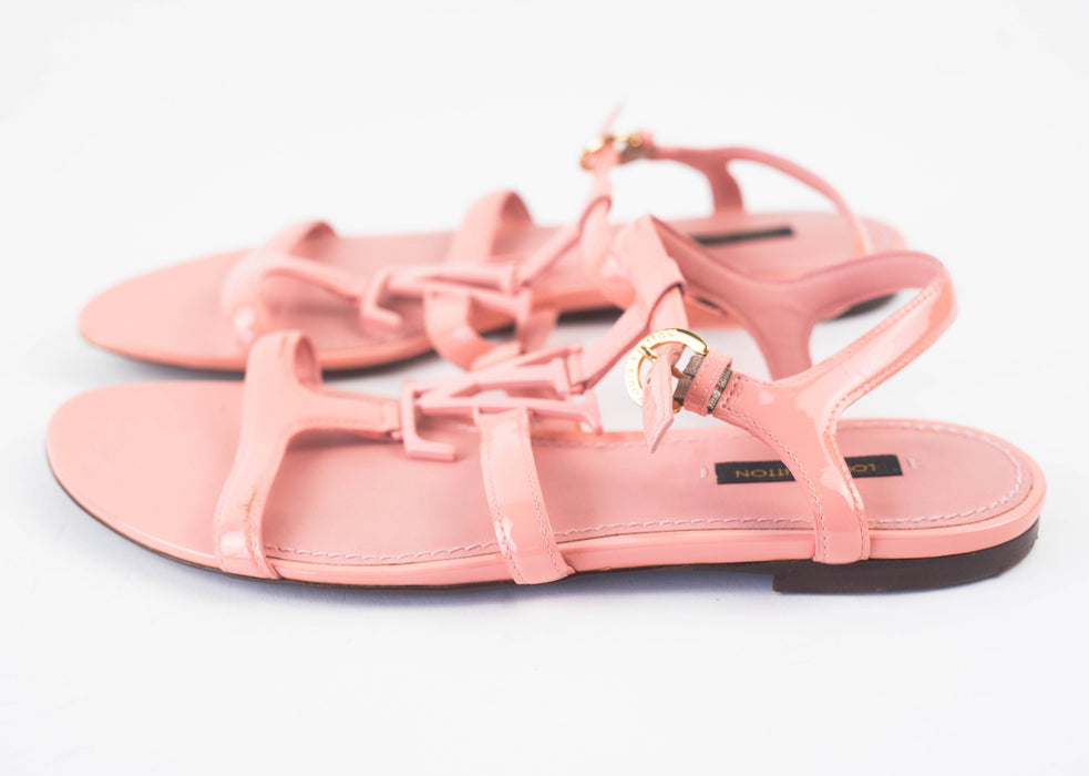 Louis Vuitton Pink Patent Leather Logo Detail Flat Sandals