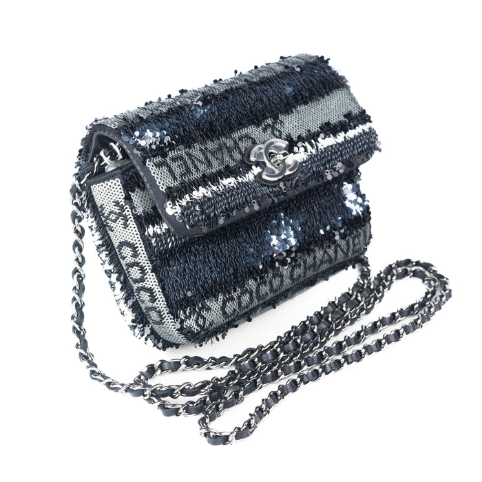 Chanel Clutch with Chain in Black White and Silver Sequin