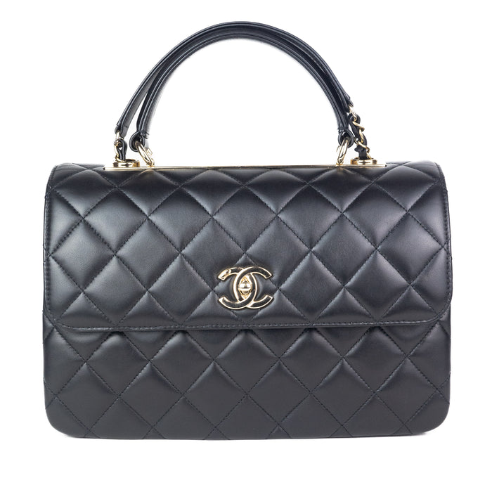Chanel Flap Bag with Top Handle in Black Lambskin and Gold Toned Hardware