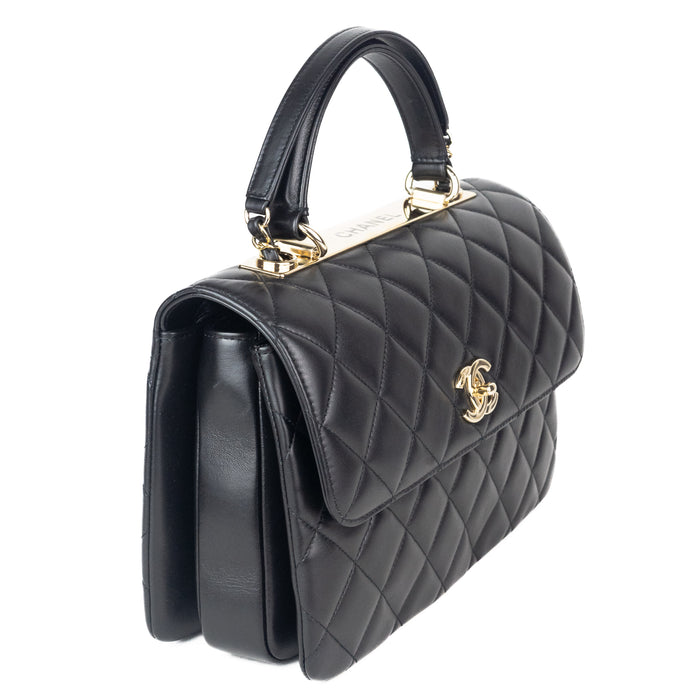 Chanel Flap Bag with Top Handle in Black Lambskin and Gold Toned Hardware