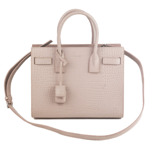 Saint Laurent Calfskin Crocodile Embossed Baby Sac De Jour in Rose Antic 