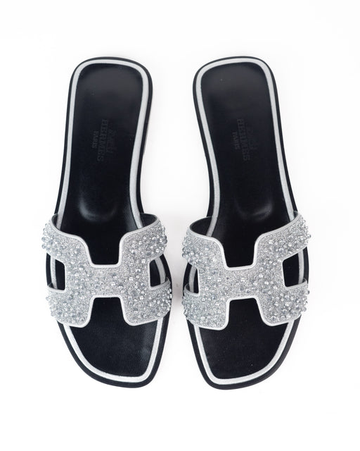 Hermes Oran Sandals in Black with Silver Crystal Beads