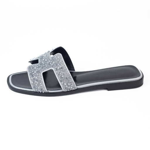 Hermes Oran Sandals in Black with Silver Crystal Beads