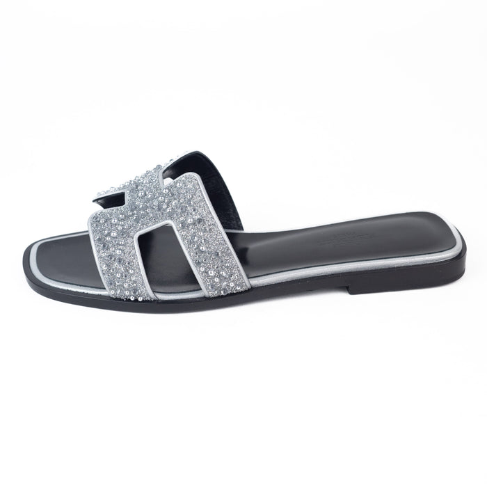Hermes Oran Sandals in Black with Silver Crystal Beads — LSC INC
