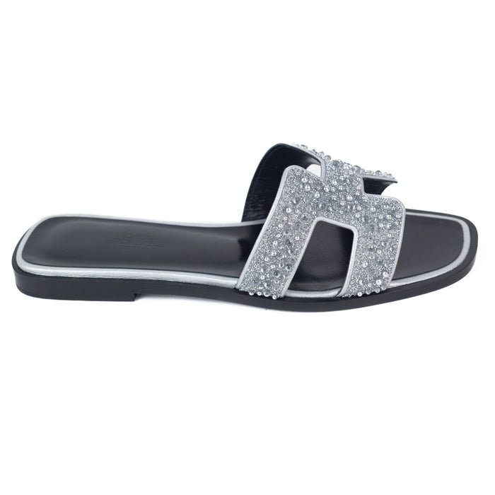 Hermes Oran Sandals in Black with Silver Crystal Beads