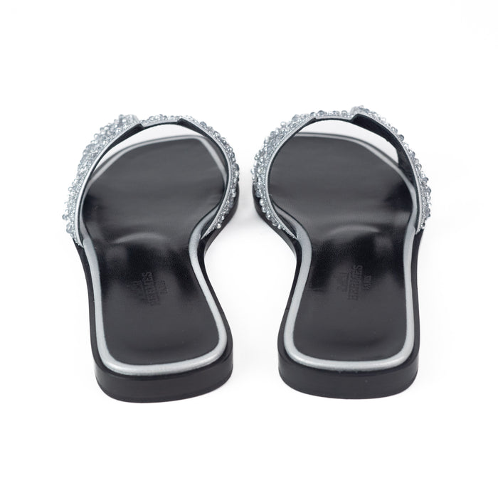 Hermes Oran Sandals in Black with Silver Crystal Beads