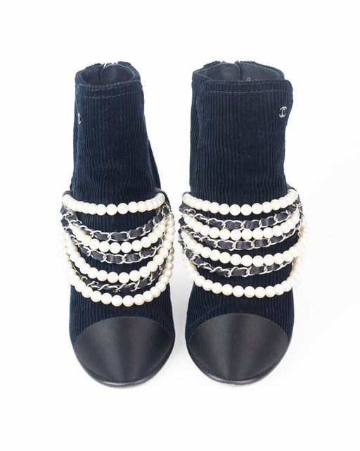 Chanel Corduroy Pearl Embellished Boots in Navy Blue