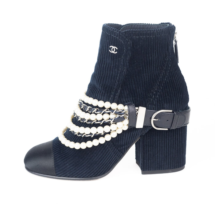 Chanel Corduroy Pearl Embellished Boots in Navy Blue