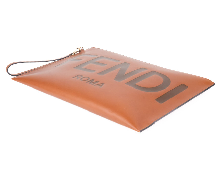 Fendi Large Flat Pouch in Smooth Brown Leather