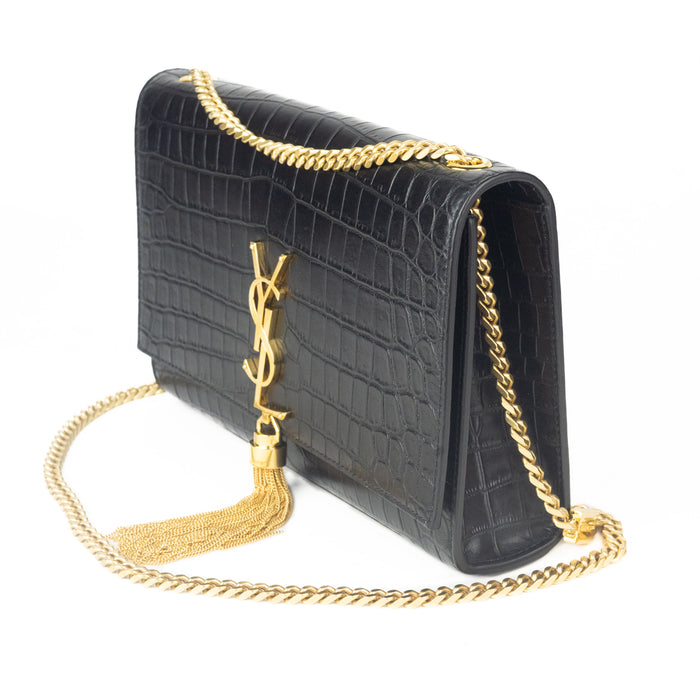 Saint Laurent Crocodile-embossed Medium Kate with Tassel in Black