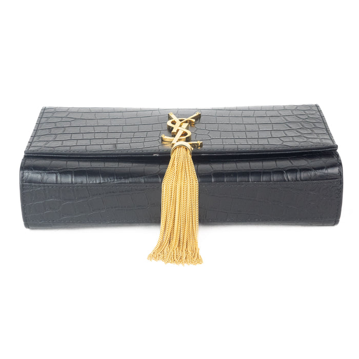 Saint Laurent Crocodile-embossed Medium Kate with Tassel in Black