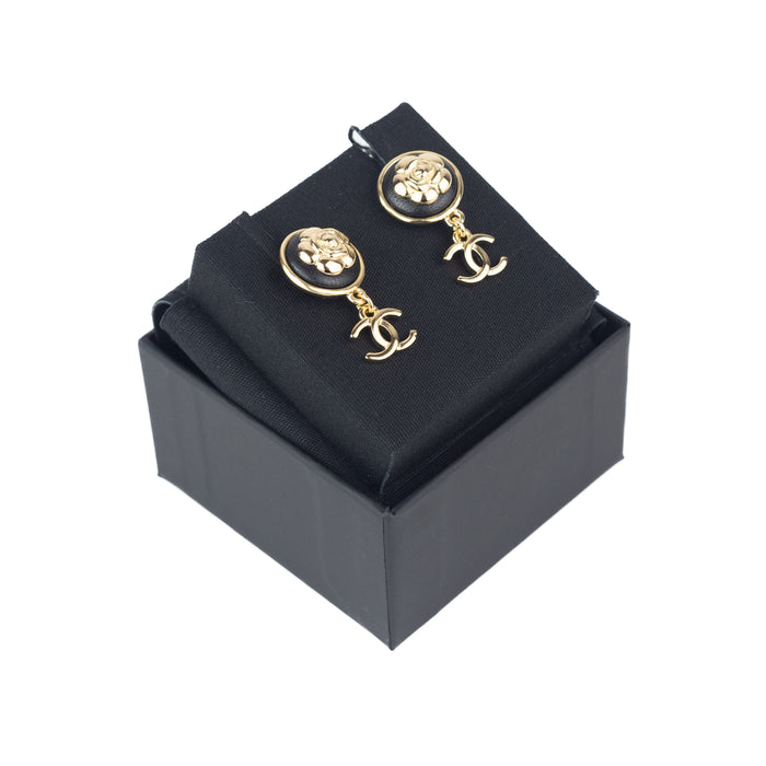 Chanel Black and Gold Flower CC Earrings 