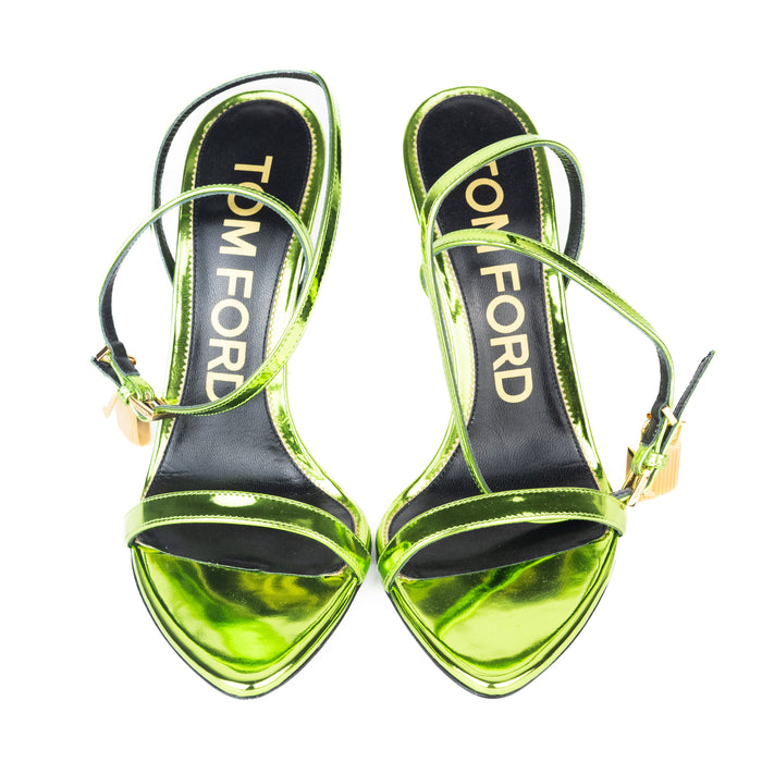 Tom Ford Mirrored Leather Padlock Pointy Naked Sandal in Acid Green