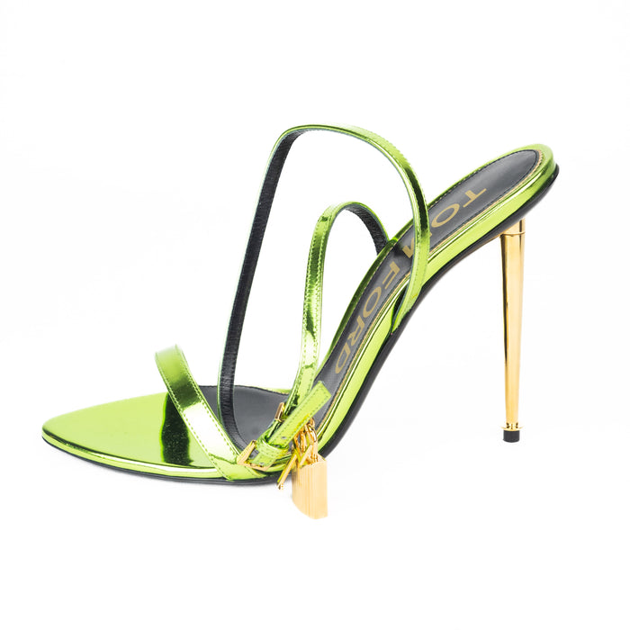 Tom Ford Mirrored Leather Padlock Pointy Naked Sandal in Acid Green