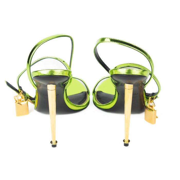 Tom Ford Mirrored Leather Padlock Pointy Naked Sandal in Acid Green