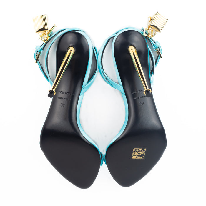 Tom Ford Mirrored Leather Padlock Pointy Naked Sandal in Turquoise