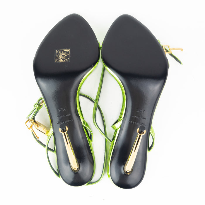 Tom Ford Mirrored Leather Padlock Pointy Naked Sandal in Acid Green