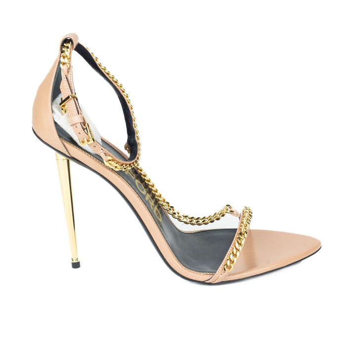 Tom Ford Shiny Leather Padlock Pointy Naked Sandal in Nude