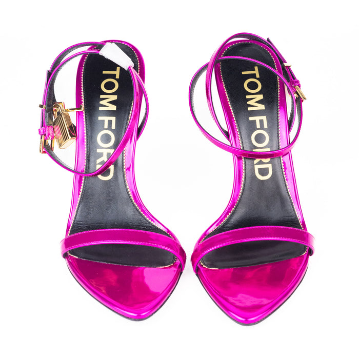 Tom Ford Mirrored Leather Padlock Pointy Naked Sandal in Fuchsia