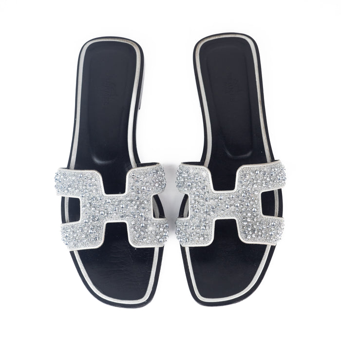 Hermes Oran Sandals in Black with Silver Crystal Beads