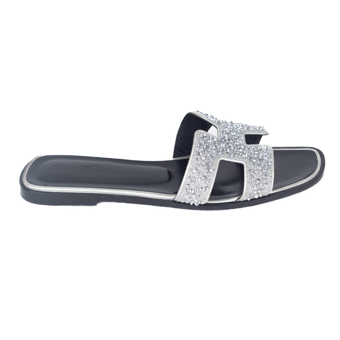 Hermes Oran Sandals in Black with Silver Crystal Beads