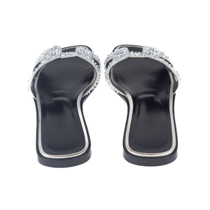 Hermes Oran Sandals in Black with Silver Crystal Beads