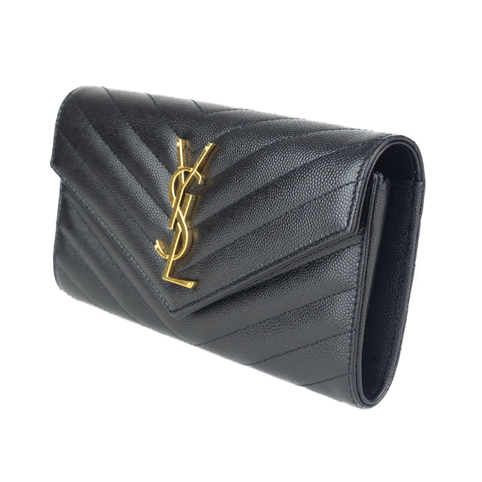 Saint Laurent Large Flap Wallet in Black Leather with Gold Hardware