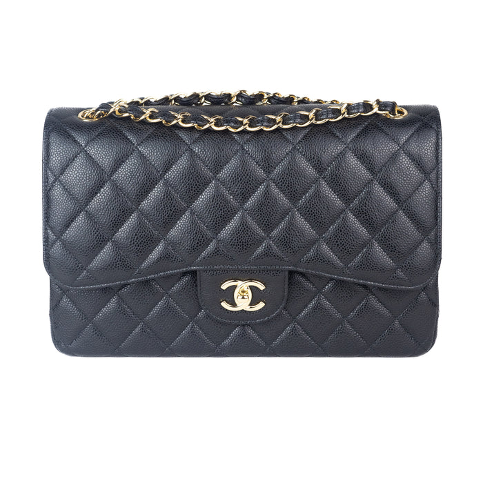 Chanel Large Classic Handbag in Black Grained Calfskin and Gold-Tone Metal