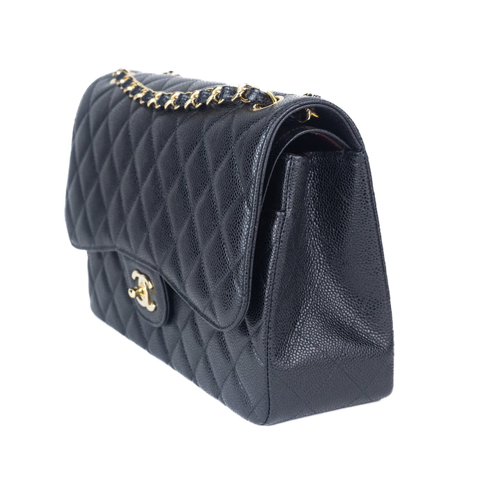 Chanel Large Classic Handbag in Black Grained Calfskin and Gold-Tone Metal