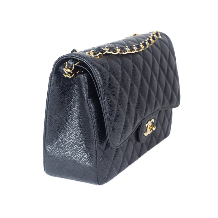 Chanel Large Classic Handbag in Black Grained Calfskin and Gold-Tone Metal